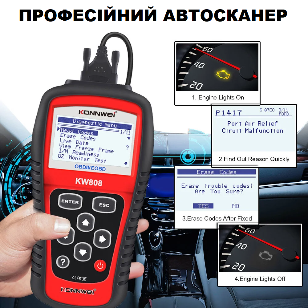 Автомобільний універсальний діагностичний сканер OBDII/EOBD scanner 808 KW HS, Автосканер, фото 1