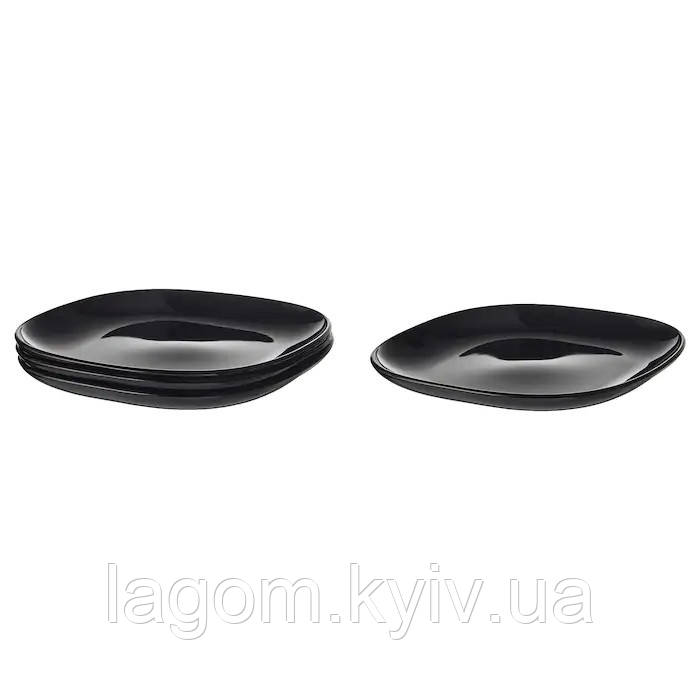 Набір тарілок 4 шт IKEA BACKIG 25x25 см скляні глянцеві чорні квадратні тарілки ІКЕА БАККІГ