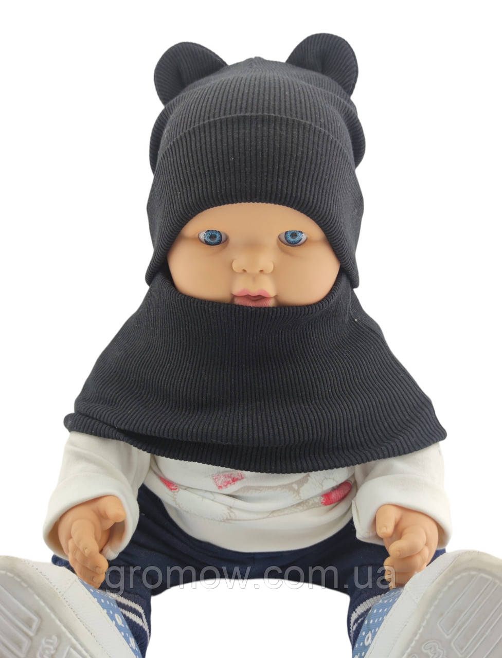 Шапка дитяча трикотажна подвійна для новонароджених з хомутом головні убори чорний (ШД338), фото 1