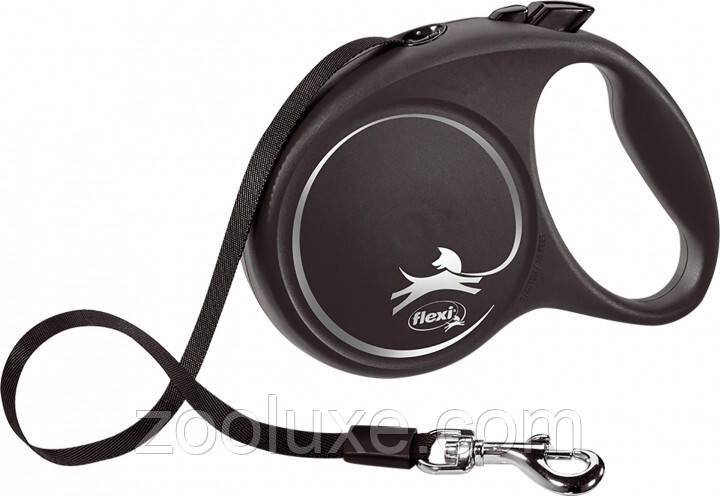 Повідець-рулетка для собак Flexi Black Design L, 5 м, стрічка, чорний/Ролетка для собак Флексі/Повідець для
