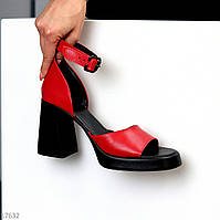 Шикарные кожаные красные женские закрытые босоножки на высоком устойчивом каблуке