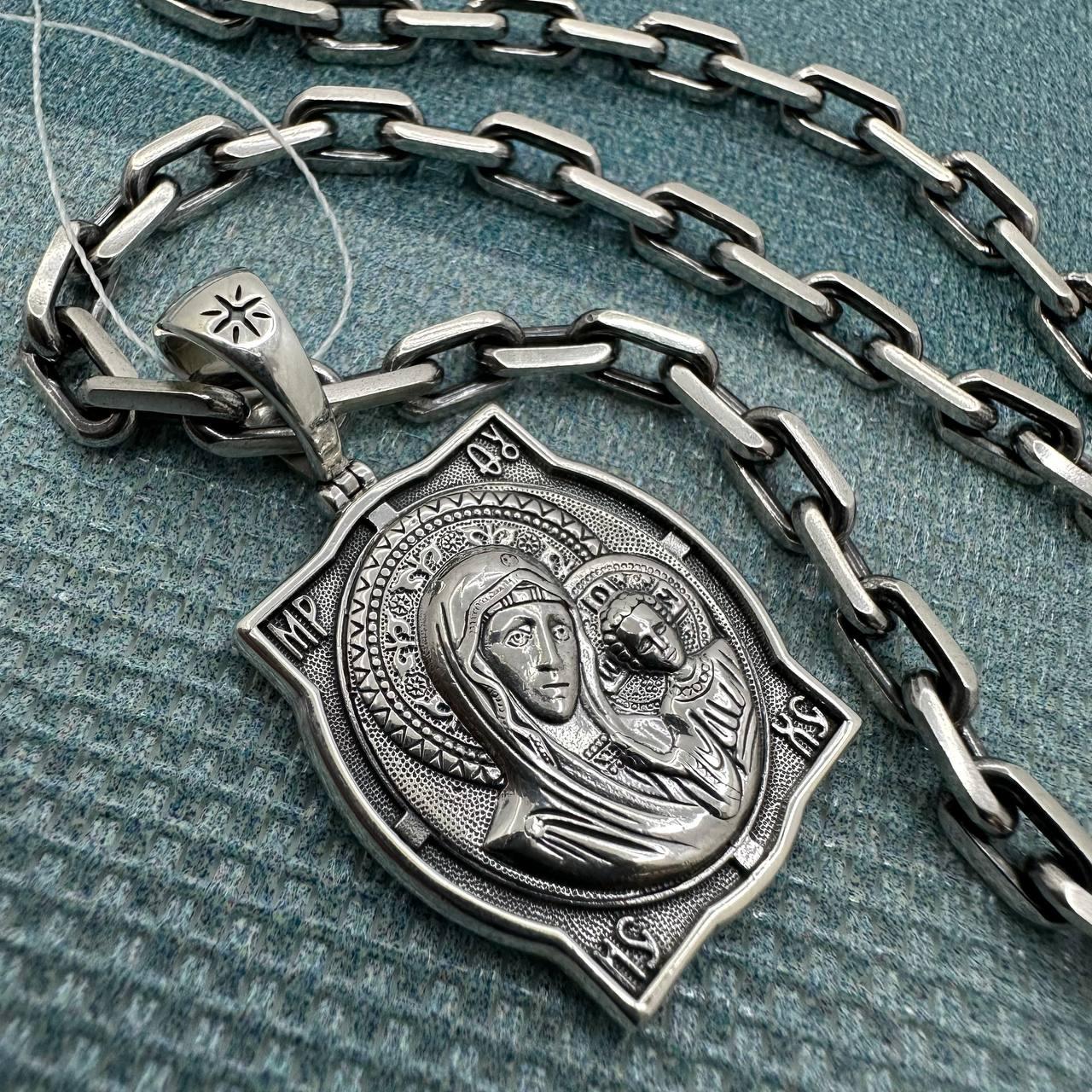 Комплект чоловічий якірний ланцюжок та срібна підвіска казанської Божої Матері срібло 925 проби чорніння