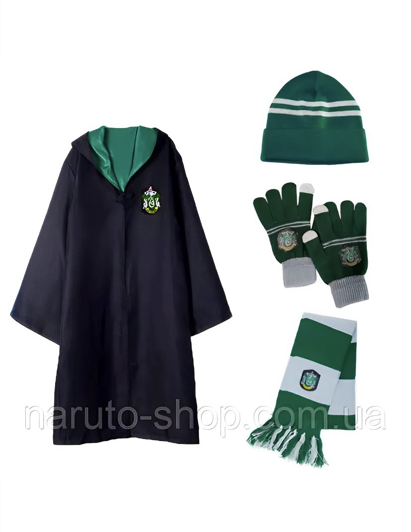 Набір Драко Малфоя 4 в 1: Плащ-мантія Слизерин + Шапка Слізері + Рукавички Слізерин + Шарф Слізерин, фото 1