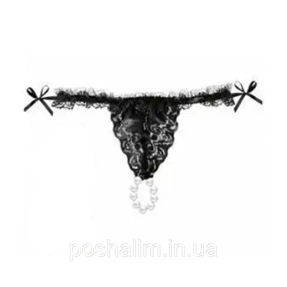 Трусики на зав'язках S-XL CIntt BRAZILIAN PANTY BLACK: на зав'язках S-XL з перлинним кільцем + полуничне мастило, фото 1