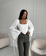 Женская блуза с объёмными рукавами цвет молочный легкая воздушная укороченная с декольте размер 42/44 и 46/48 46/48