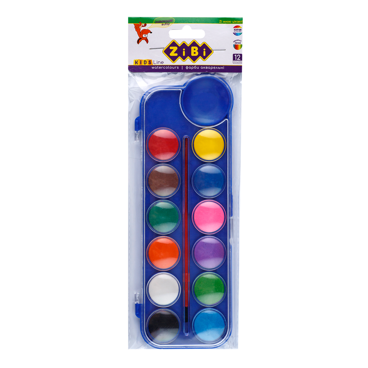 Акварель суха 12 кольорів пласт/кор з пензлем синій KIDS Line