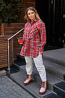 Женская модная теплая рубашка свободная кашемир в клетку батал больших размеров 50/52, Красный
