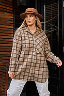 Женская модная теплая рубашка свободная кашемир в клетку батал больших размеров 50/52, Мокко