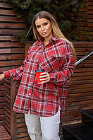 Женская модная теплая рубашка свободная кашемир в клетку батал больших размеров 54/56, Красный