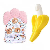 Детский силиконовый прорезыватель-перчатка для зубов Розовый и Прорезыватель-щётка Банан (vol-10591)