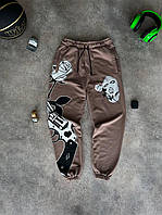 Мужские молодежные спорт штаны на манжетах с яркими принтами / коричневые