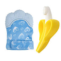 Детский силиконовый прорезыватель-перчатка для зубов Сердце Голубой и Прорезыватель-щётка Банан (n-10594)