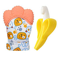 Детский силиконовый прорезыватель-перчатка для зубов Собачки и Прорезыватель-щётка Банан (n-10595)