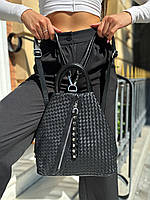 Жіночий шкіряний міський плетений рюкзак Polina & Eiterou чорний, фото 4