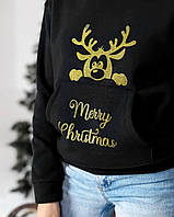 Новогодний худи с капюшоном, рождественский свитшот «Олени» Тринитка флис 42-46 Цвет черный
