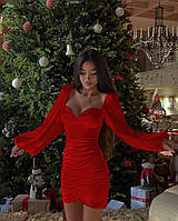 Нарядное облегающее женское платье. Длинный широкий рукав, открытый вырез. Атлас 42-44,44-46 Цвет3 Красный