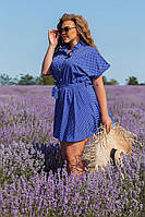 Лёгкое женское платье в горох на пуговицах, на талии резинка Мини Супер софт 50-52,54-56 Цвет 6 Голубой