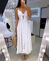 Лёгкое женское воздушное романтическое платье-сарафан с пуговицами,на звязке с бретельками Лён Цвета 3 Белое