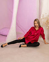 Модная стильная,женская блузка-туника спущенное плечо,воротник стойка,на пуговицахШёлк армани42-46 Цвет5Красны