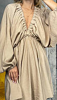 Модное летнее лёгенькое воздушное платье с объёмными рукавами Лён жатка 42-46 Цвета 2 Мокко