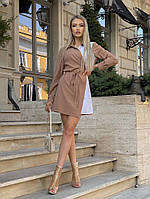 Облегающее женское платье-рубашка мини. Отложной воротник, пояс. Ткань софт.42-44,46-48.Цвета1 Беж с белым