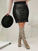 Супер стильная модная женская юбка по низу качественное плотное кружево Эко кожа+замш 42-44;46-48;50-52;54-56