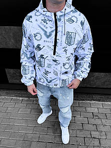 Куртка Анорак чоловічий білий весна-осінь з капюшоном з різними символами  Stripe