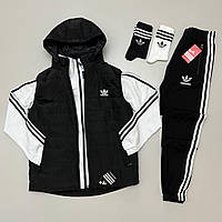 Спортивный костюм Adidas мужской набор 5в1 черно-белый жилетка, кофта на молнии, штаны, носки 2 пары.