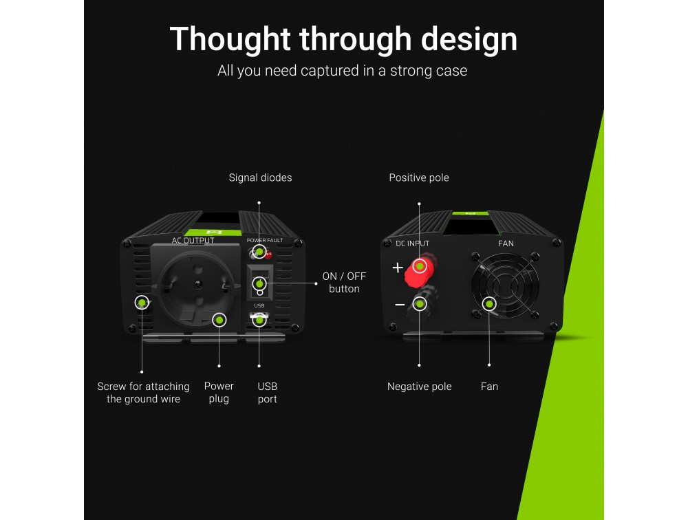 Преобразователь напряжения инвертор, Чистая синусоида Green Cell 12В на 220В 1000W/2000W - фото 6 - id-p1913870464