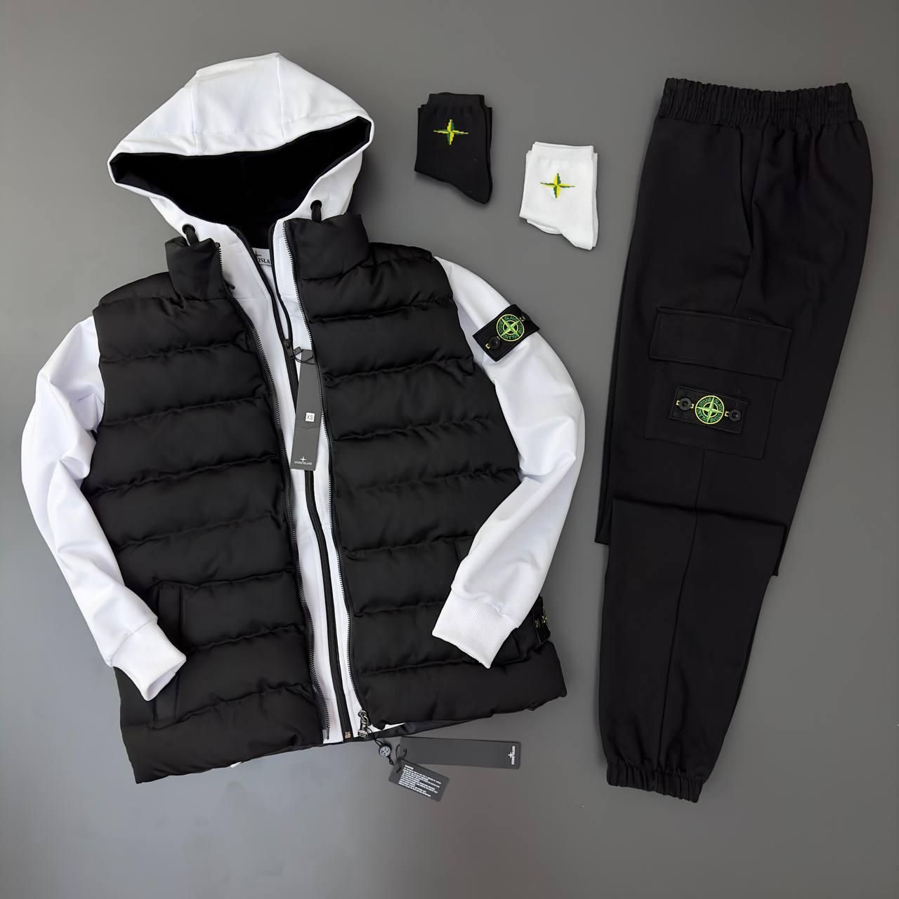Комплект stone island спортивний костюм чоловічий жилетка чоловіча осінній весняний набір 3в1 стон айленд чорно-білий