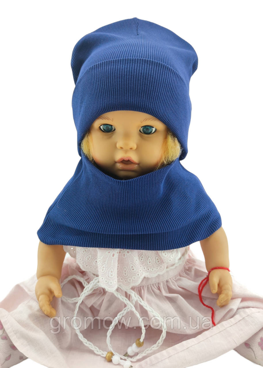 Шапка дитяча трикотажна подвійна демісезонна з хомутом дитячі головні убори синій (ШД392), фото 1