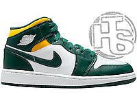 Женские кроссовки Air Jordan 1 Mid Sonics Emerald Green White Yellow 554725-371