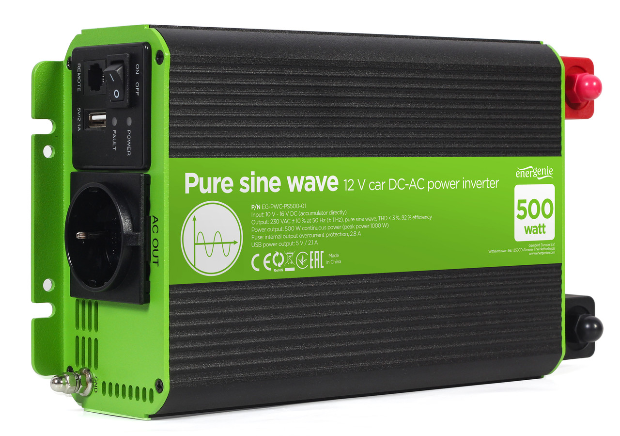 Автомобільний інвертор постійного струму EnerGenie EG-PWC-PS500-01 із чистою синусоїдою 12 В 500 Вт