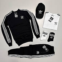 Спортивный костюм Adidas мужской набор 6в1 черно-белый свитшот, штаны, футболка, кепка, носки 2 пары.