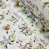 Хлопковая ткань польская оранжевые белочки, бэмби и зайчики в ярко зеленых листьях на белом (0528)