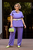 Костюм жіночий ошатний лаванда широкі штани та довга блуза з поясом великого розміру 48-58. 101212