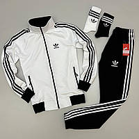 Спортивный костюм Adidas мужской набор 4в1 бело-черный кофта, штаны, носки 2 пары, лампасы прошиты.