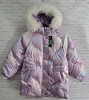 Куртка єврозиму дитяча з хутром на капюшоні ПАЙЕТКА для дівчинки 7-11 років колір бузковий
