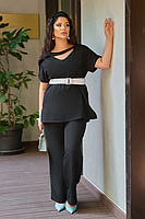 Костюм жіночий ошатний чорний широкі штани та довга блуза з поясом великого розміру 48-58. 101215
