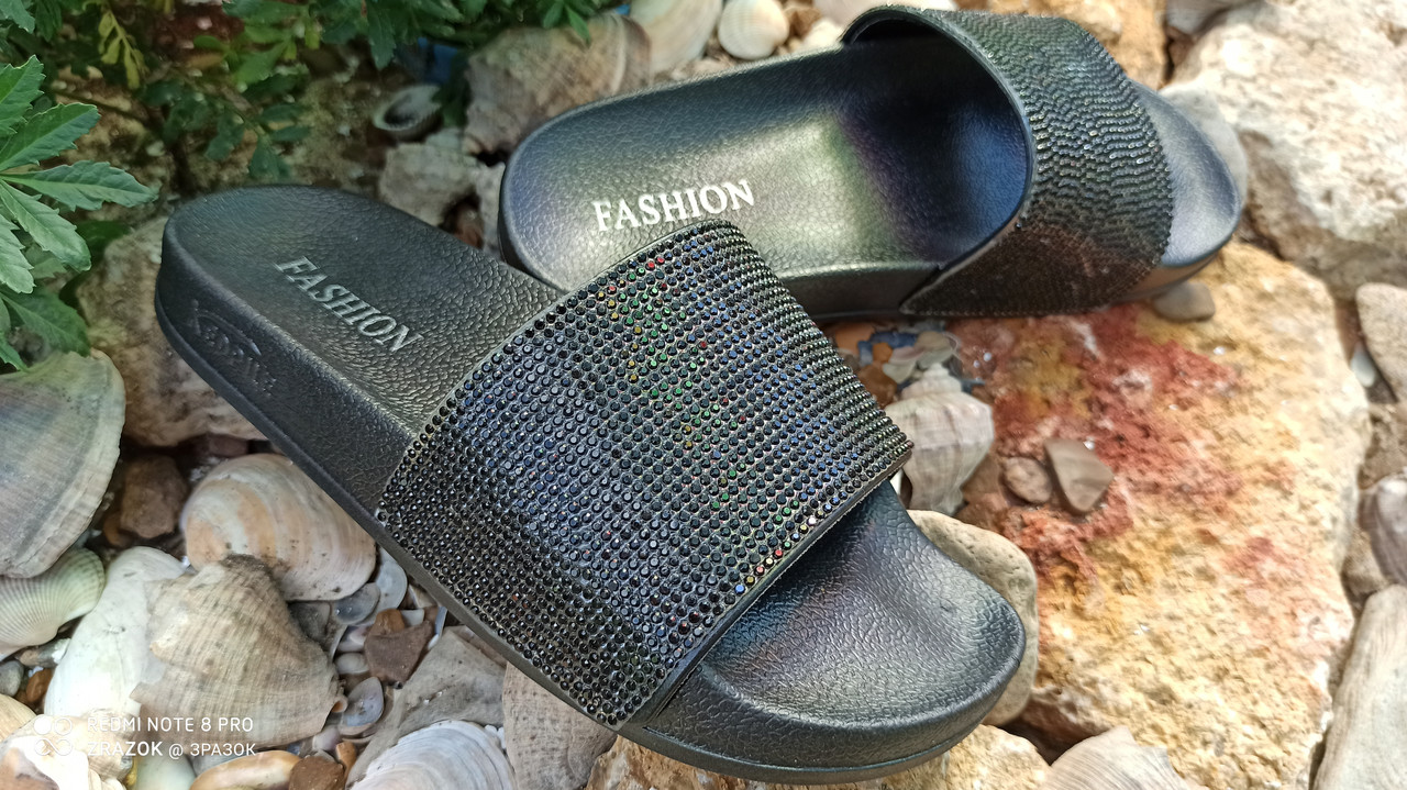 ЗНИЖКА! 37р (23  см) Тапки чорні зі стразами шльопанці