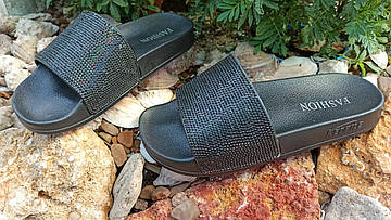 ЗНИЖКА! 37р (23  см) Тапки чорні зі стразами шльопанці, фото 5