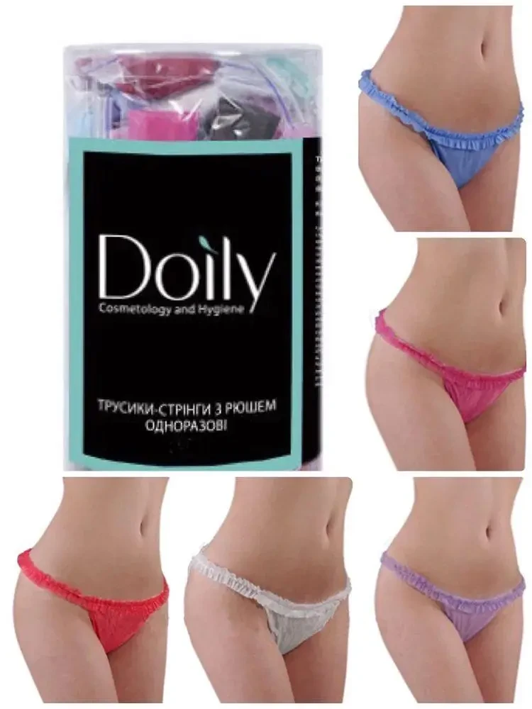 Трусики-стрінги одноразові з РЮШЕМ Doily іс спанбонду різнокольорові (25 шт. в тубусі)