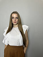 Блуза жіноча біла базова коттонова дизайнерська з воланами літня Modna KAZKA MKAD7494-00