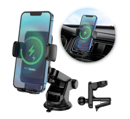 Автомобільний утримувач для смартфона з бездротовою зарядкою Hoco Smart Sensor S35, чорний, фото 1