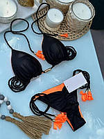 Купальник раздельный женский на завязках S черно-оранжевый