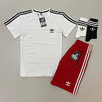 Спортивный костюм Adidas мужской набор 4в1 белый с красным шорты, футболка, носки 2 пары, лампасы прошиты.