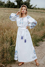 Довга жіноча сукня вишиванка "Петріківський розпис" із льна довгий рукав під замовлення біла