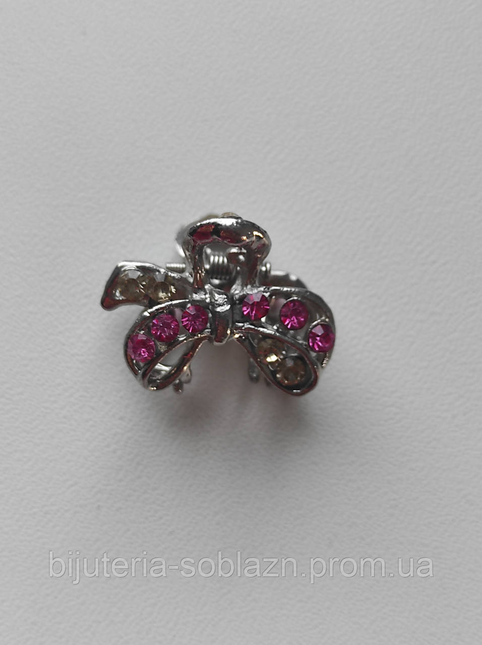 Серебристая Розовая заколка краб для волос металл мальвинка со стразами Бант - фото 1 - id-p1096817506