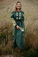 Довга жіноча сукня вишиванка із льна довгий рукав під замовлення зелена
