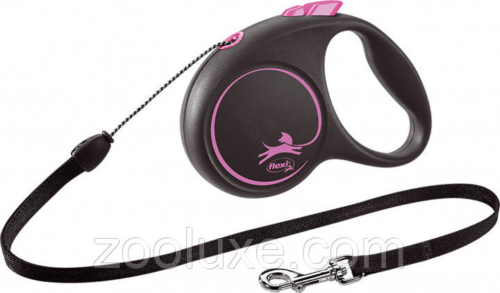 Повідець-рулетка для собак Flexi Black Design S, 5 м, трос, рожевий/Ролетка для собак Флексі/Повідець для